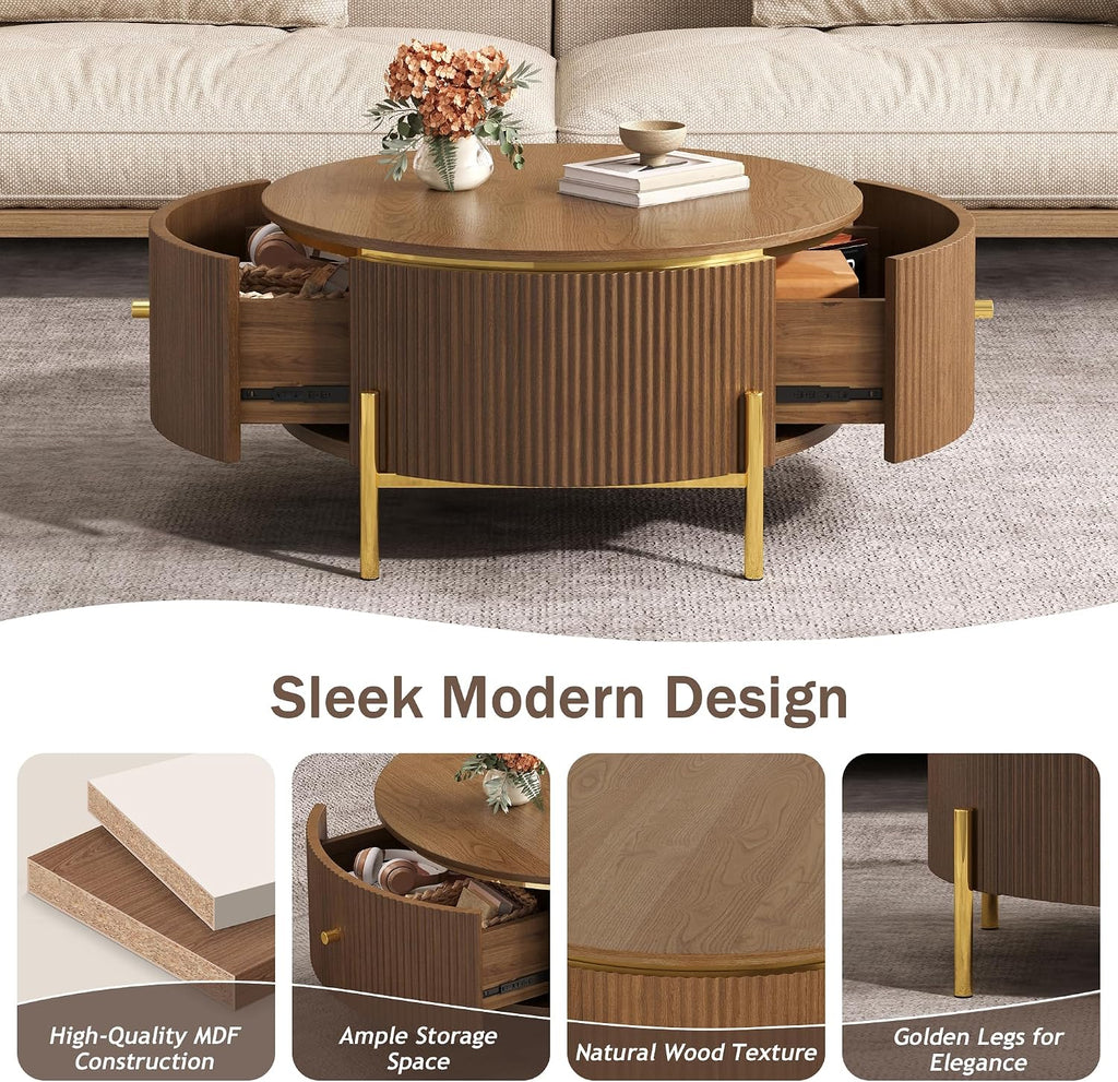 Modern Round Coffee Table with 2 Large Drawers Storage Accent Table, Brown, 31.5'