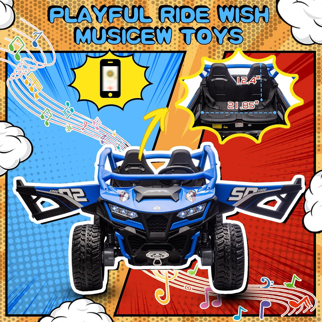 wanan XL 24V 10AH Ride on Toys for Big Kids Real 2-Seater, 4x4 4WD Motor Ride on Car Kid UTV for Kids 3-8, Remote Control, Bluetooth Music, 4 Spring Suspension, 22' Spacious Seats (Blue)
