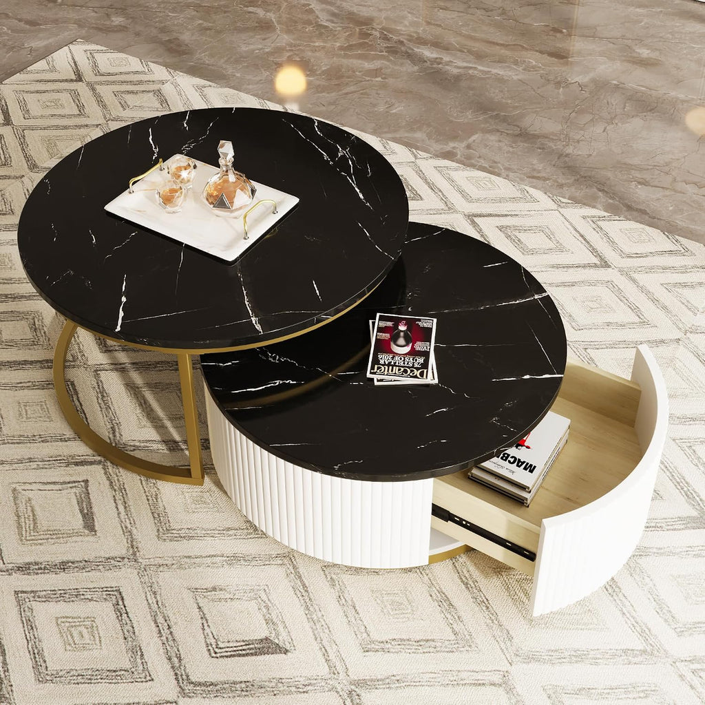 Lift Top Nesting Coffee Table Set of 2, 31.5' Modern Round Coffee Table with Drawer, Circular Wood Center Table Set for Living Room, Apartment, Black & Gold