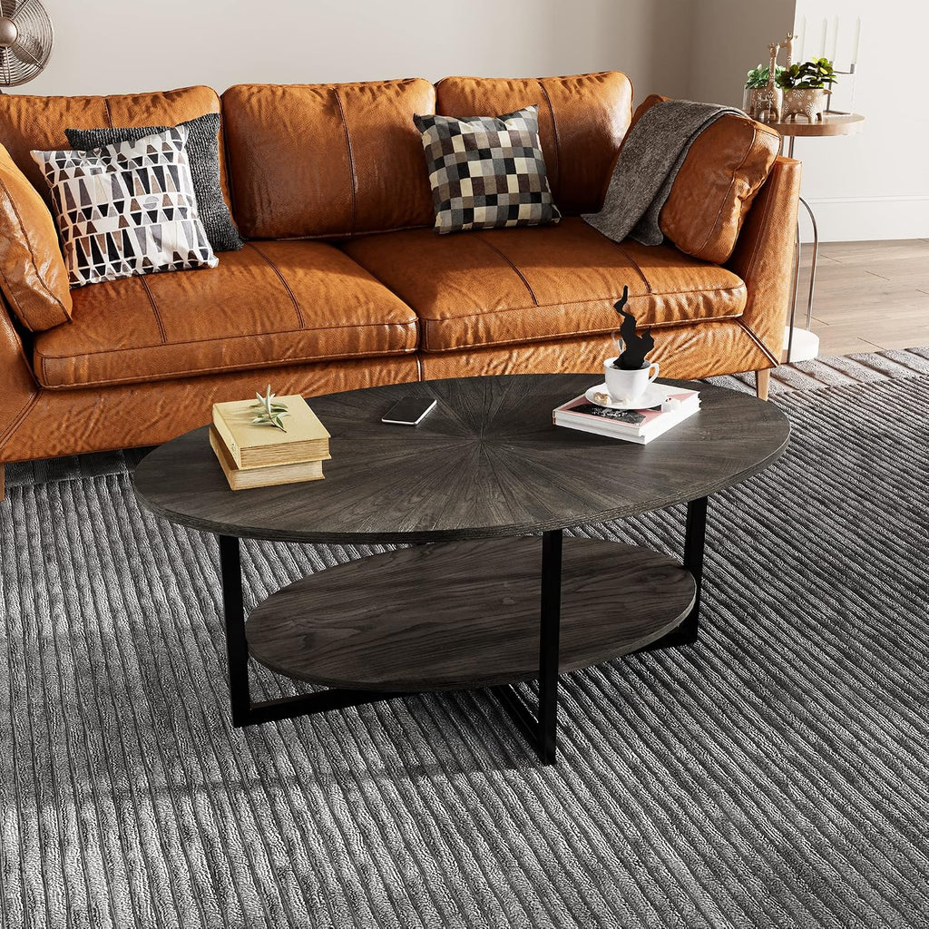 Solid Wood Oval Coffee Table with Cross Metal Legs, 43.3in Modern Industrail Center Table with Open Shelf Cocktail Tea Table for Living Room Bedroom, Black Brown 1811BK