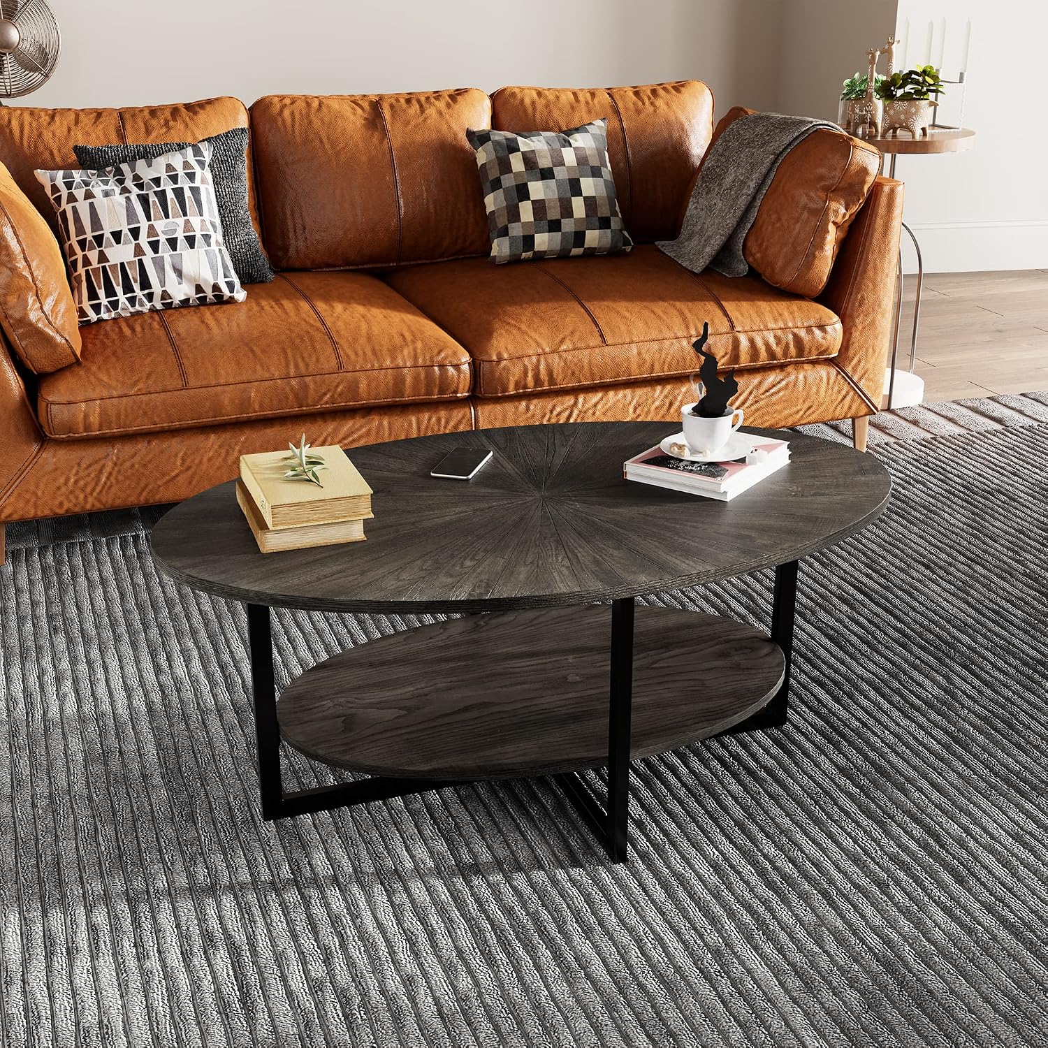 Solid Wood Oval Coffee Table with Cross Metal Legs, 43.3in Modern Industrail Center Table with Open Shelf Cocktail Tea Table for Living Room Bedroom, Black Brown 1811BK