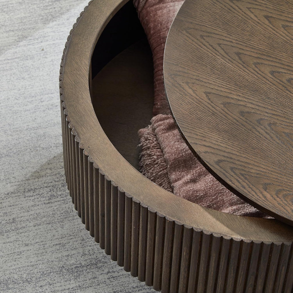 31.49' Wood Round Coffee Table for Living Room, Fluted Circle Coffee Table with Storage, Modern Handcraft, Easy Assembly(Brown, 31.49'x31.49'x15.74')