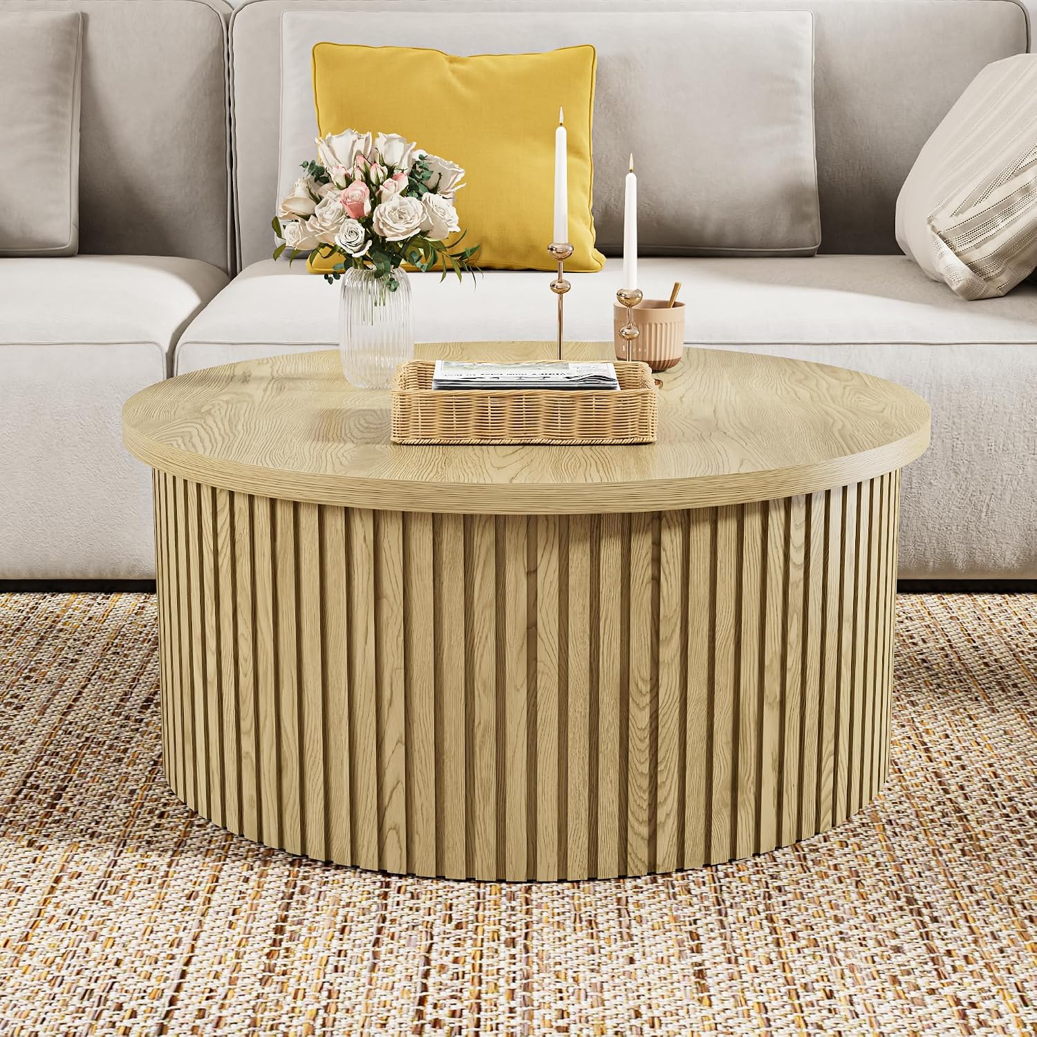 Fsbecl Round Lift Top Coffee Table with Storage, 31.6'' Modern Coffee Tables for Living Room, Fluted Wood Center Table for Office, Small Space (Wood Color)