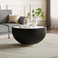 Modern Round Coffee Table, Drum Bowl Tea Table with Sintered Stone Tabletop, Fluted PU Leather Covered and Metal Base, Center Table for Living Room Home Office