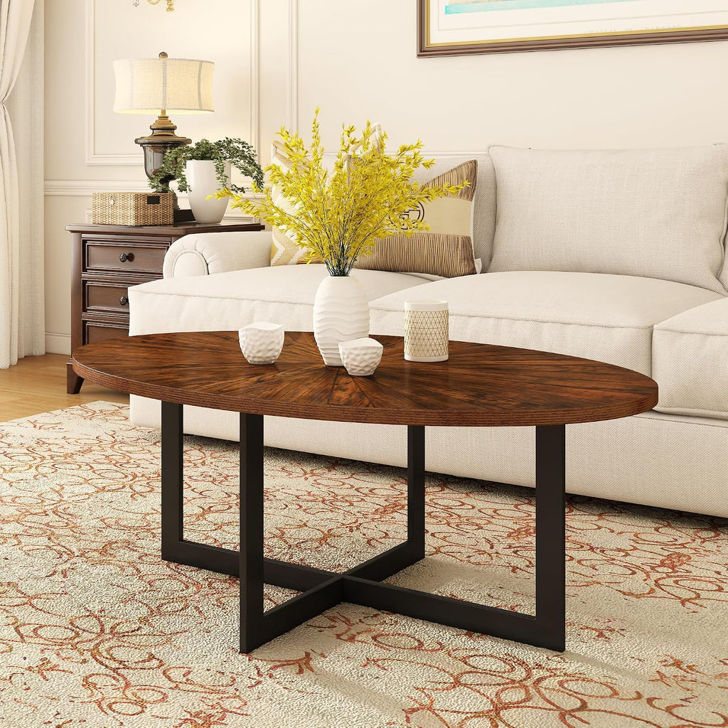 Solid Wood Oval Coffee Table with Cross Metal Legs, 47.9' Industrail Bar Cocktail Table for Living Room Kitchen Office Sofa Table Bristro Table for Cafe/Bar Rustic Brown