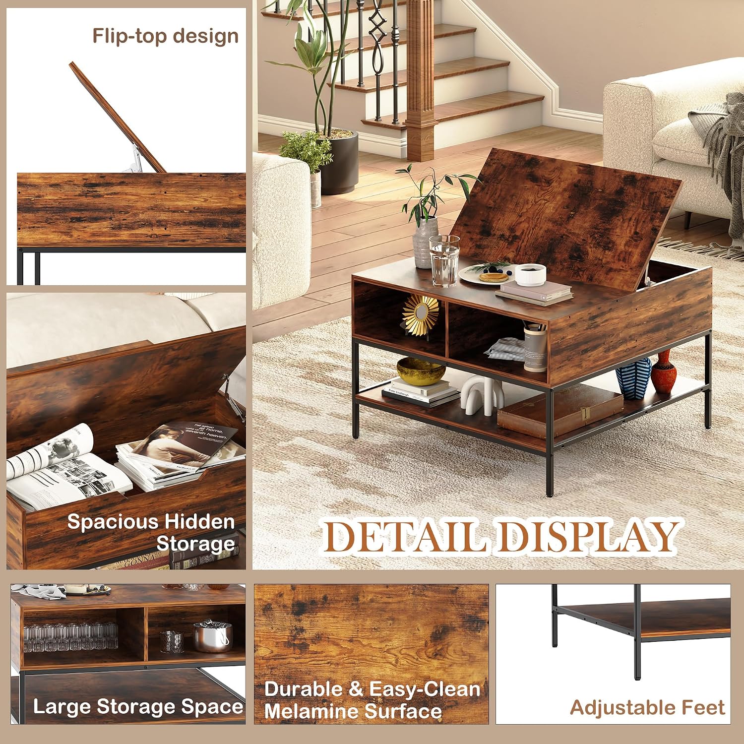 KEIKI 31.5' Flip-Top Coffee Table with Storage, Lift-Top Table, Dark Walnut & Black Metal, Farmhouse Modern Rectangular Living Room Table with Hidden Compartment & Open Shelves, Black
