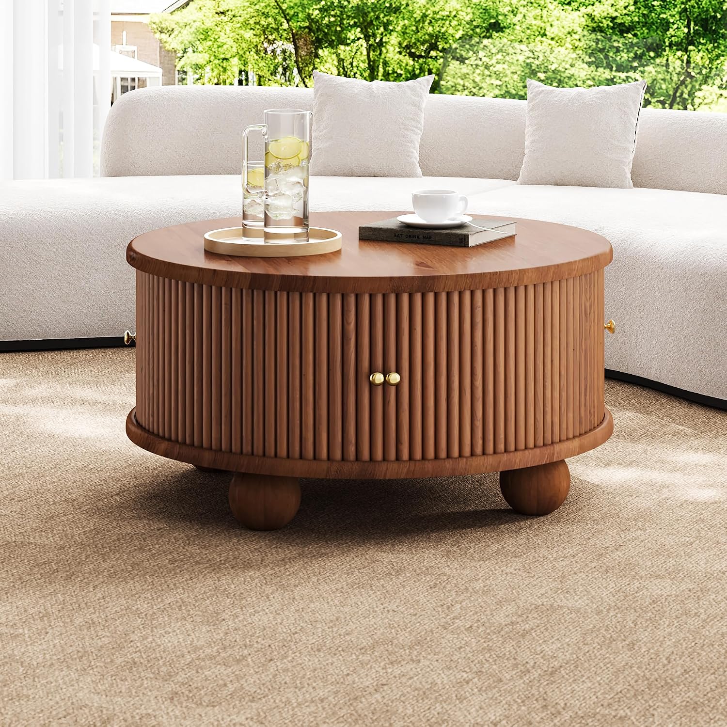 31.8'' Round Coffee Table with Storage Space for Living Room, Modern Fluted Wood Circle Coffee Table, Smooth Sliding Door, Walnut