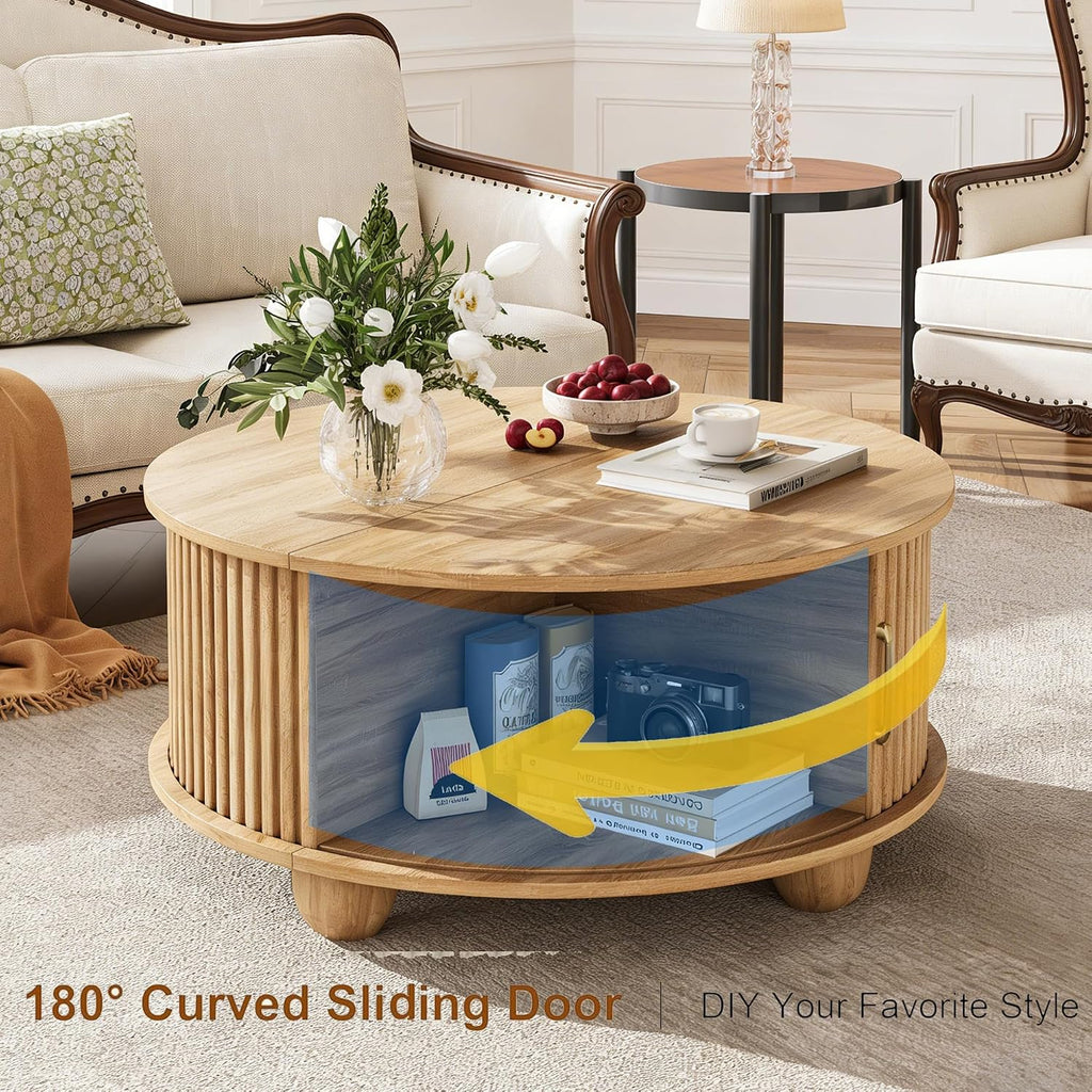 Round Coffee Table with Storage, Fluted Center Table with Sliding Tambour Door and Open Shelves, Mid Century Small Coffee Table for Living Room, Small Space, Natural