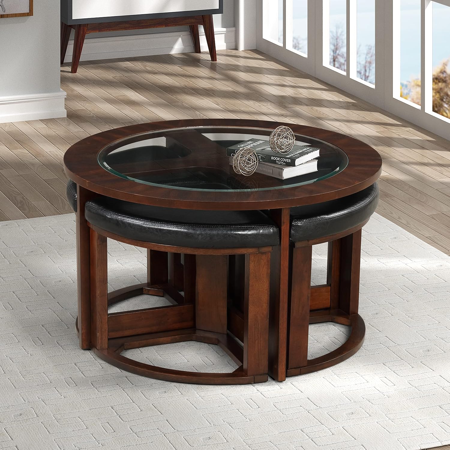 Roundhill Furniture Cylina Solid Wood Glass Top Round Coffee Table with 4 Stools, Espresso, 36.00 x 36.00 x 19.00 Inches