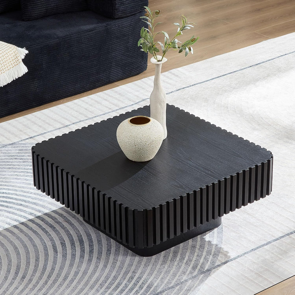 31.49'' Square Coffee Table for Living Room, Modern Wood Drum Pedestal Flute Embossment Coffee Table, Easy Assembly, Black