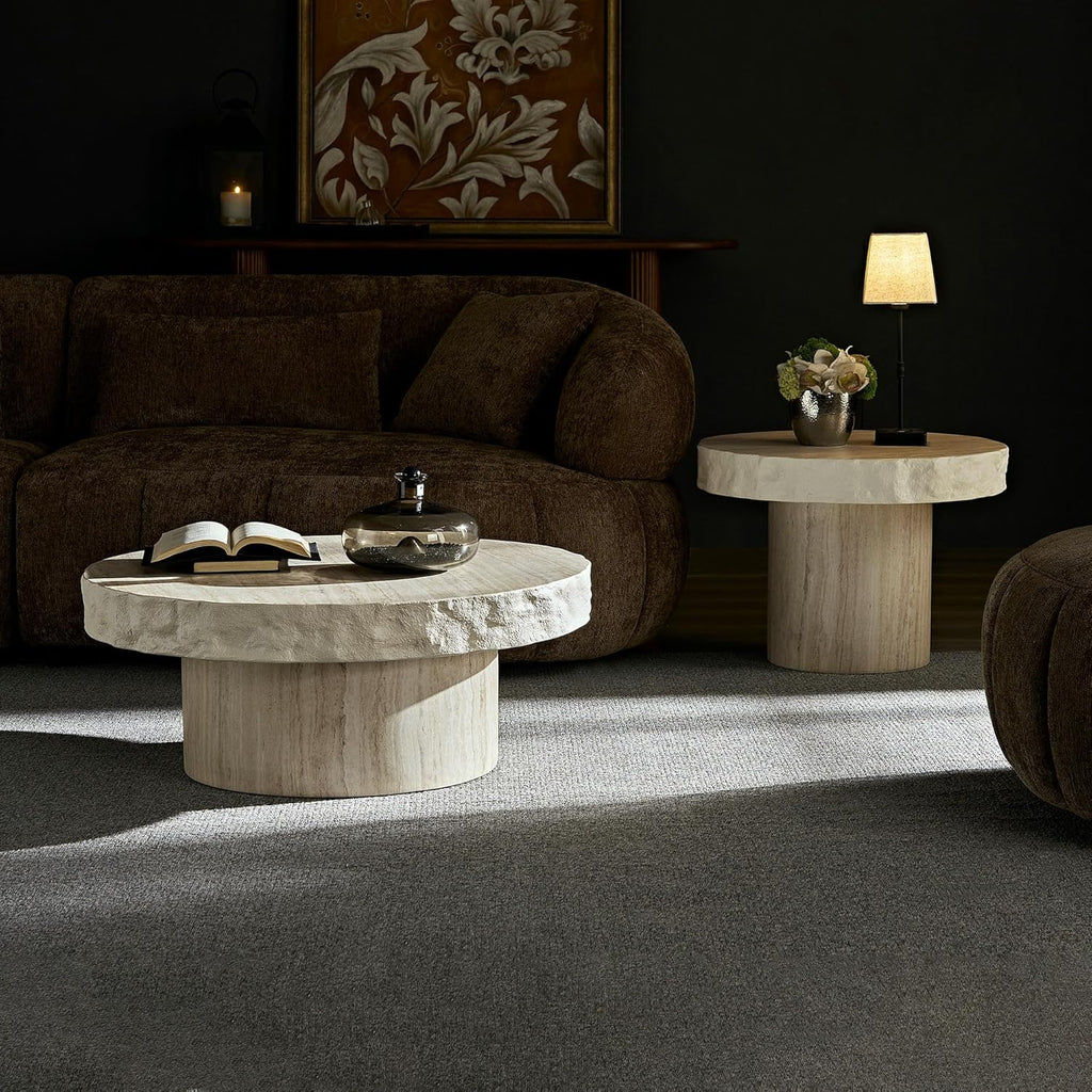 Set of 2 Round Coffee Tables for Living Room, 31.7' W x 13' H Faux Mars Circle Drum Pattern Modern Minimalist 23.82' W x16.93 Side Tables Accent End Table for Apartment, Office, Beige