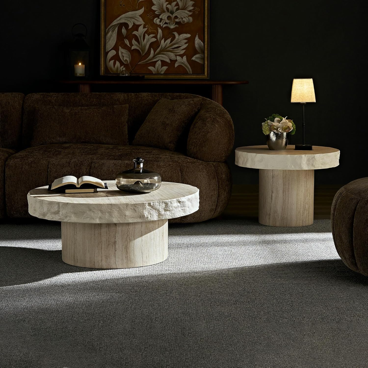 Set of 2 Round Coffee Tables for Living Room, 31.7' W x 13' H Faux Mars Circle Drum Pattern Modern Minimalist 23.82' W x16.93 Side Tables Accent End Table for Apartment, Office, Beige
