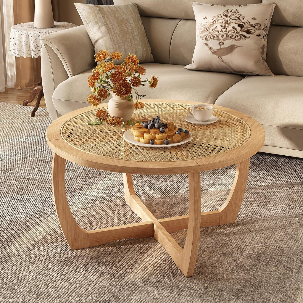 PADMA HOUSE Round Wood Coffee Table with Handmade Rattan Top, Solid Circle Wooden Center Table with Curved Legs, Farmhouse Cocktail Table for Living Room, Light Brown 32.28' x 18'