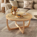 PADMA HOUSE Round Wood Coffee Table with Handmade Rattan Top, Solid Circle Wooden Center Table with Curved Legs, Farmhouse Cocktail Table for Living Room, Light Brown 32.28' x 18'