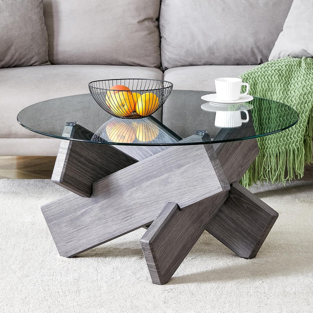 33.4'' Tempered Glass Round Coffee Table for Living Room, Modern Circle Coffee Table, Glass Tabletop & Wood Base, Easy Assembly, Gray