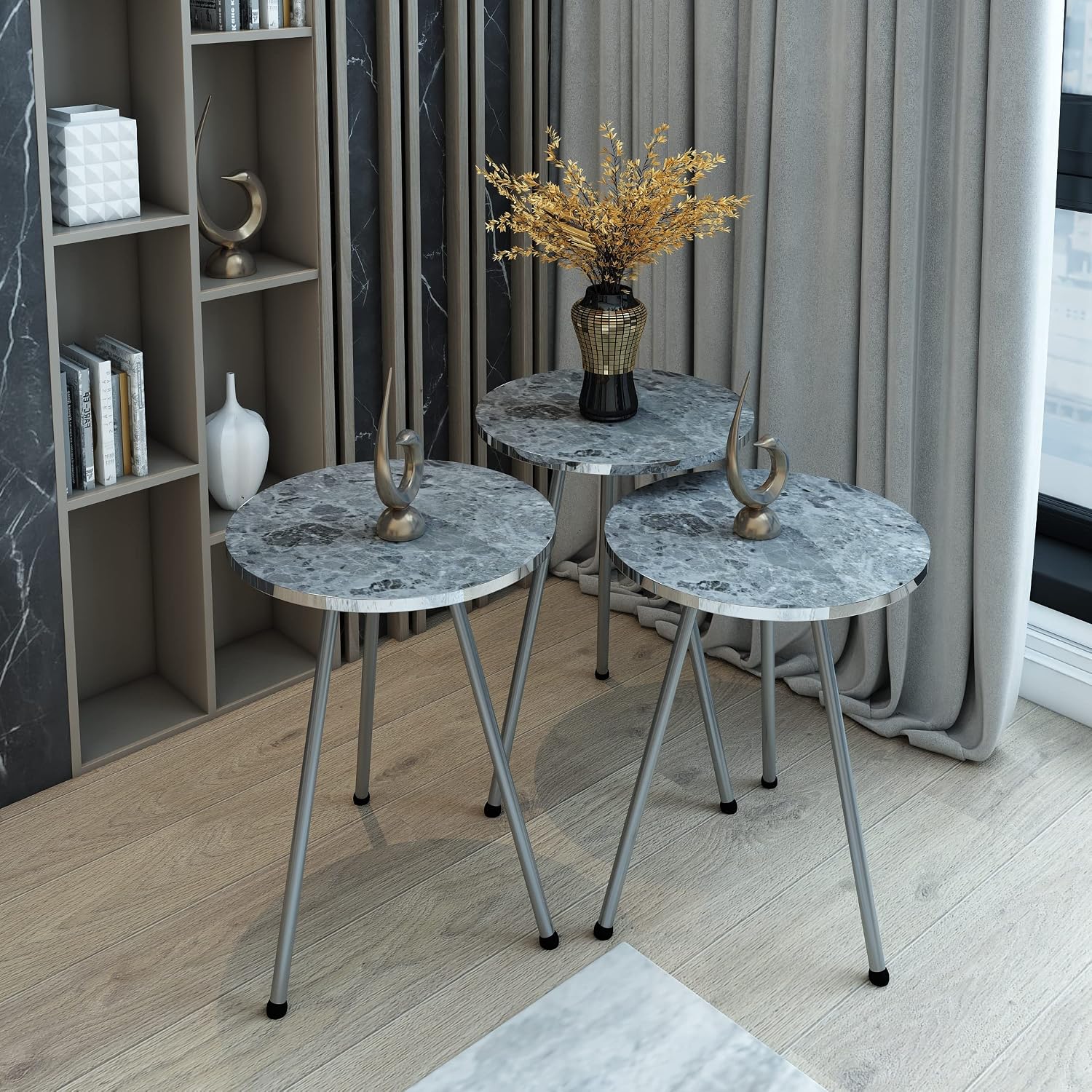Set of 3 Nesting END Tables - Round Stacking Coffee Side Tables for Small Spaces, Nightstand Bedside Table for Living Room, Bedroom, Living Room, Balcony, NO-Tools Assembly (Gray Marble/Silver)