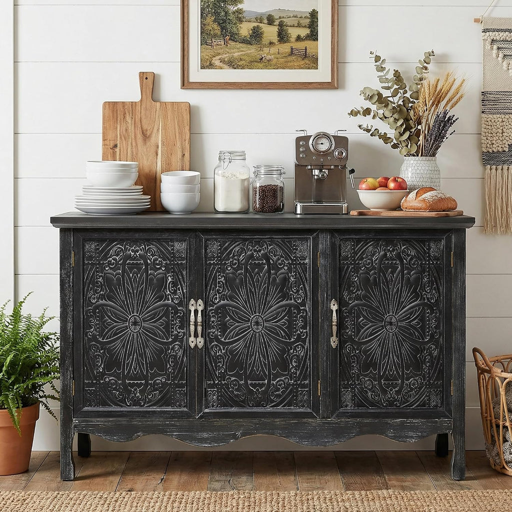 RoyalCraft Buffet Cabinet with Storage, Vintage Solid Wood Sideboard Table Coffee Bar Wine Bar Storage Cabinet with 3 Doors for Dining Room, Living Room, Hallway, Distressed Black