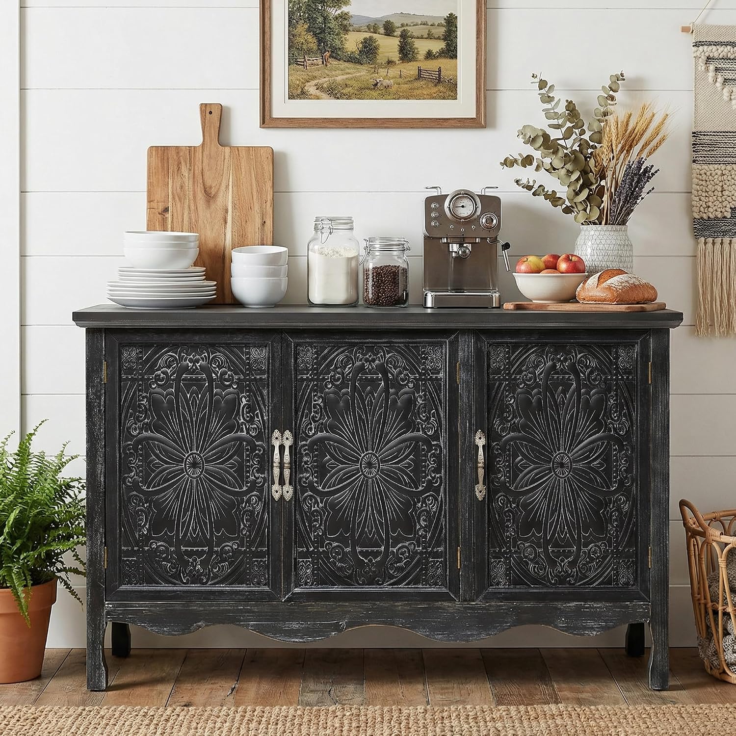 RoyalCraft Buffet Cabinet with Storage, Vintage Solid Wood Sideboard Table Coffee Bar Wine Bar Storage Cabinet with 3 Doors for Dining Room, Living Room, Hallway, Distressed Black