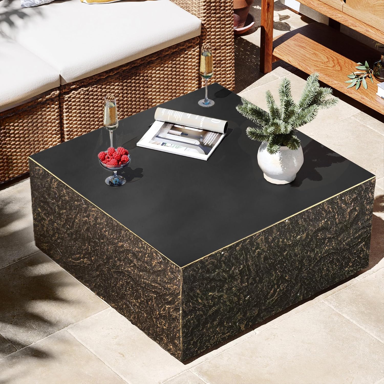 Patio Watcher 28' Modern Square Coffee Table, Light Concrete Textured Center Table for Living Room, Stone Accent Coffee Tea Table for Apartment, 28'×28'×13', No Assembly, Bronze