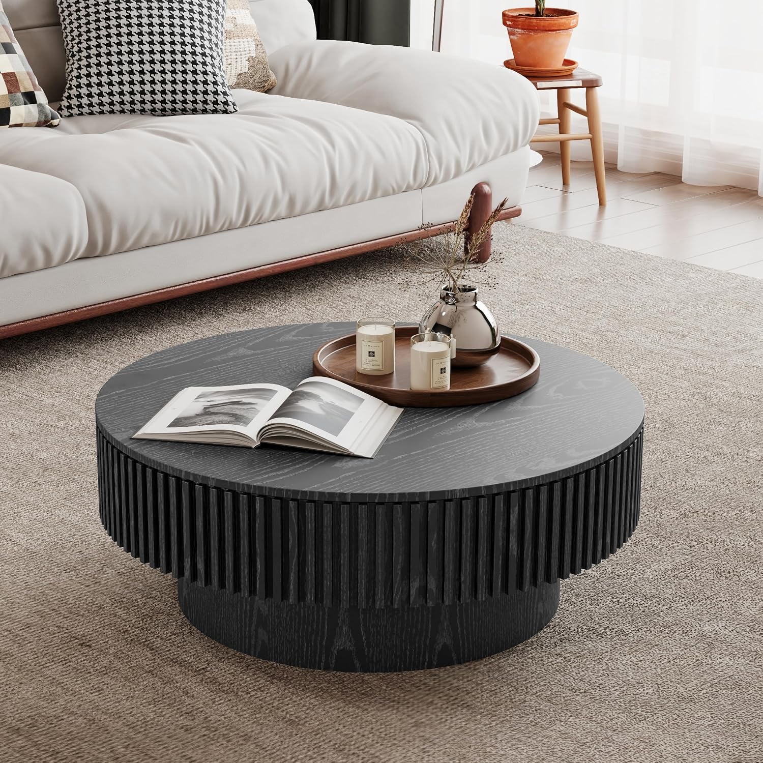 31.5' Round Coffee Table with Hidden Storage Compartment, Modern Handcraft Fluted Drum Coffee Table, Wooden Circle Center Table Cocktail Tea Table with Sturdy Pedestal for Living Room, Black
