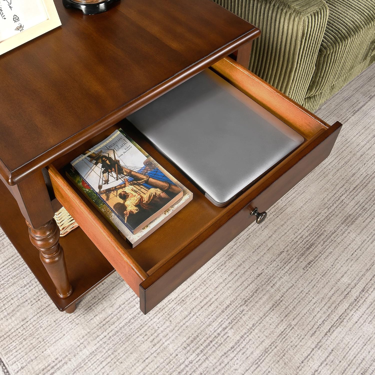 Large End Table with Drawer and Storage Shelf, Solid Wood Sofa Side Table, Slim Beside Table,Telephone for Small Spaces, Living Room, 22.8'L x 22.8'W x 24'H ,No-Tools Assembly,Caramel Brown CJZC008DR