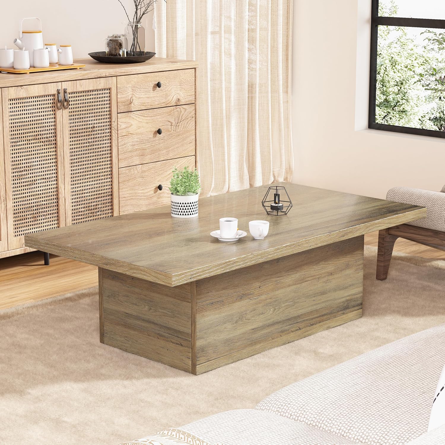 Farmhouse Coffee Table 47.25 Inch Modern Center Tables Wood Cocktail Table, Scratch-Resistant Accent Table with Sturdy Frame for Living Room, Apartment, Home Office & Lounge (Oak Brown)