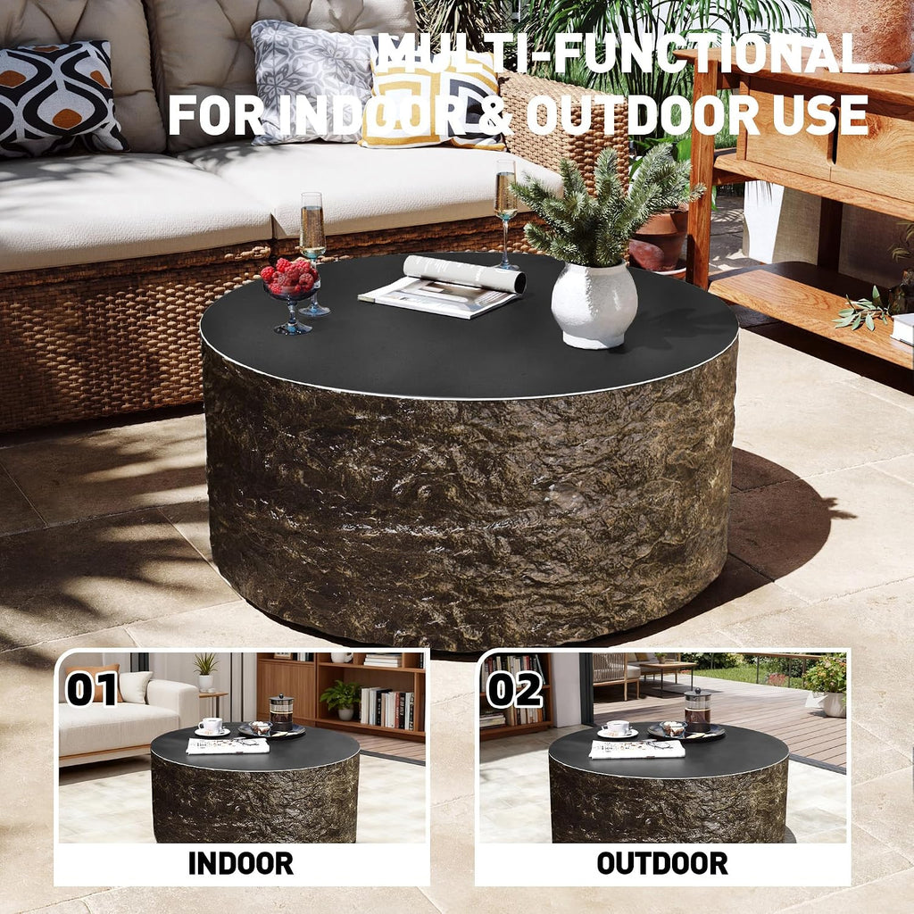 Patio Watcher 28' Modern Round Coffee Table, Light Concrete Textured Center Table for Living Room, Stone Accent Coffee Tea Table for Apartment, 28'×28'×13', No Assembly, Bronze