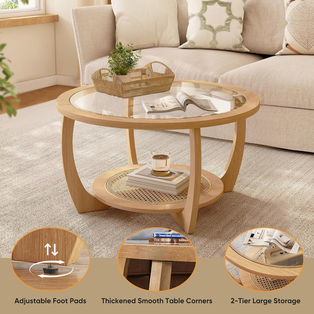 Round Wood Coffee Table with Glass Top, Solid Wooden Circle Center Table with Curved Legs and Handmade Rattan Storage Shelf, Farmhouse Cocktail Table for Living Room, Light Brown 32.28' x 18'