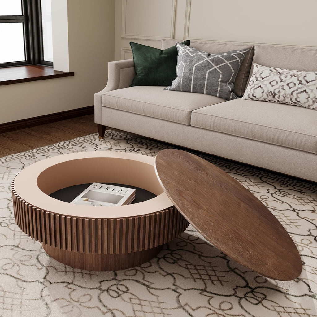 Round Coffee Table with Storage Wood Circle Coffee Table for Living Room Contemporary Fluted Table Center Table for Apartment, Easy Assembly ø39.4,Walnut
