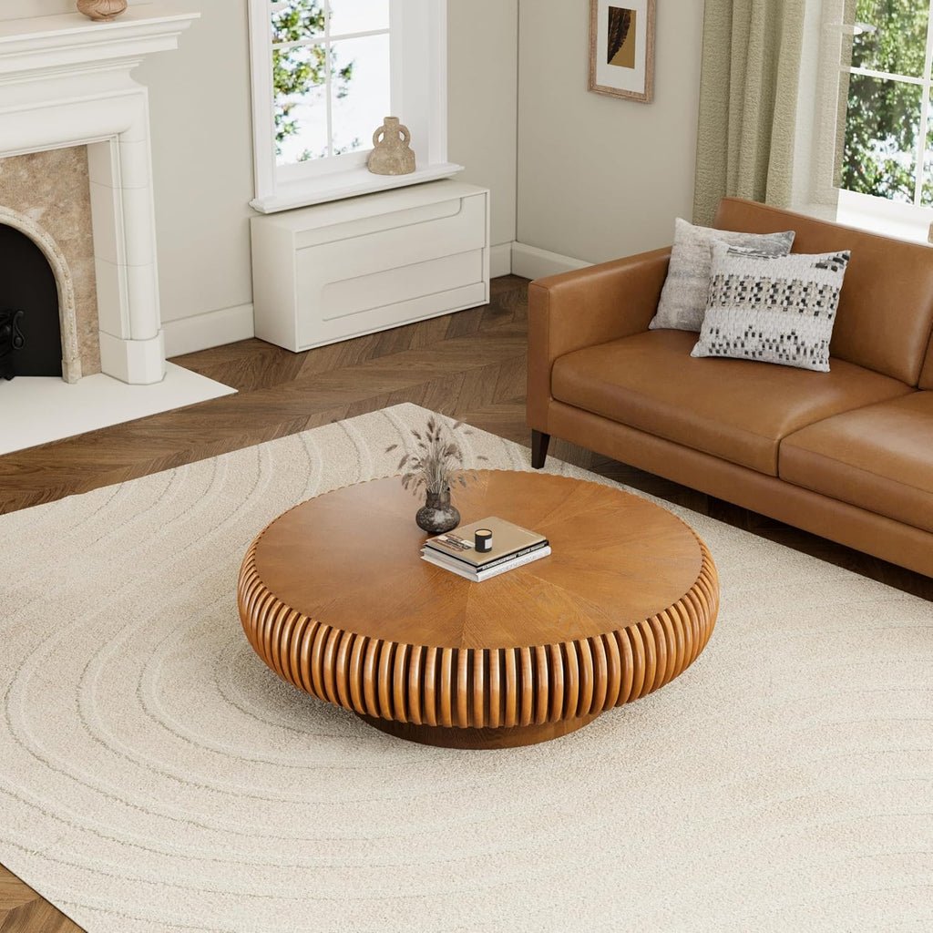 39.37' Round Drum Coffee Table, Modern Fluted Coffee Tables with Solid Wood Veneer, Wooden Circle Center Table for Living Room, Small Spaces, and Apartments, Easy Assembly