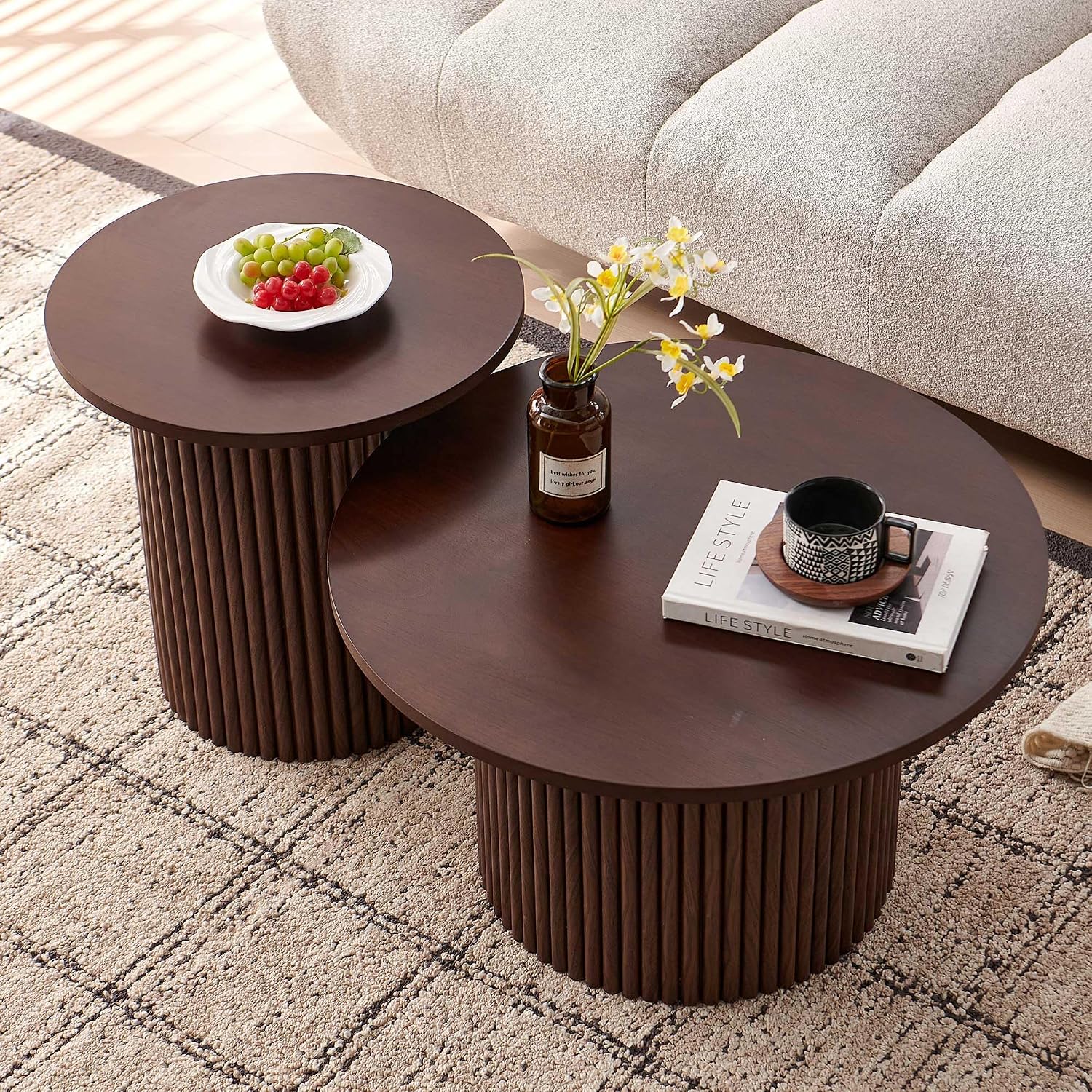 Round Coffee Table Set of 2,Small Side Table Set of 2, Circle Accent Tables with Walnut Wood Veneer Tabletop, Engineered Wood Strip Base for Small Spaces, Living Room