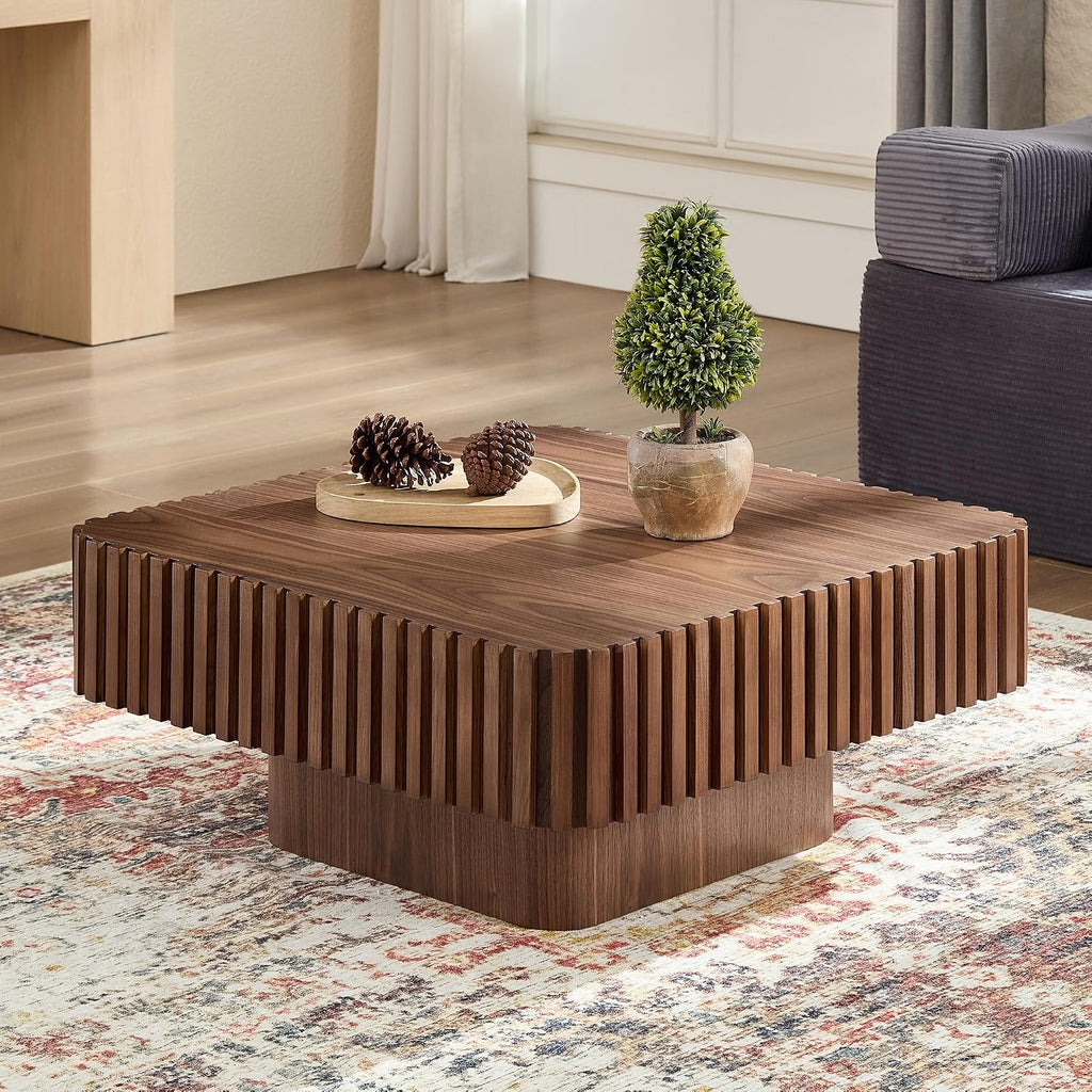 WILLIAMSPACE 31.5' Square Coffee Table with Sturdy Base, Modern Luxury Wood Drum Center Table Accent End Side Table for Living Room, Minimalist Fluted Design, Walnut