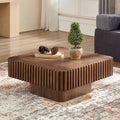 WILLIAMSPACE 35.43' Square Coffee Table with Sturdy Base, Modern Luxury Wood Drum Center Table Accent End Side Table for Living Room, Minimalist Fluted Design, Walnut