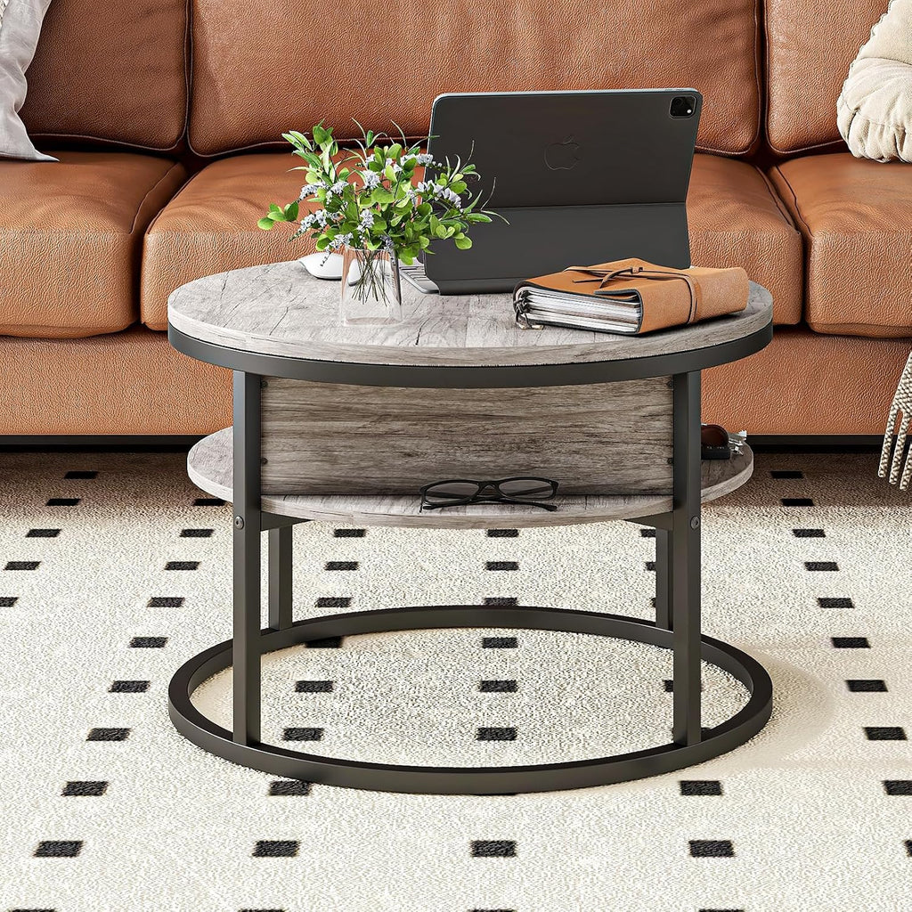 Round Coffee Table with Storage,Lift Top Coffee Table for Living Room Reception Room,2 Tier Small Round Table Dining Center,Grey