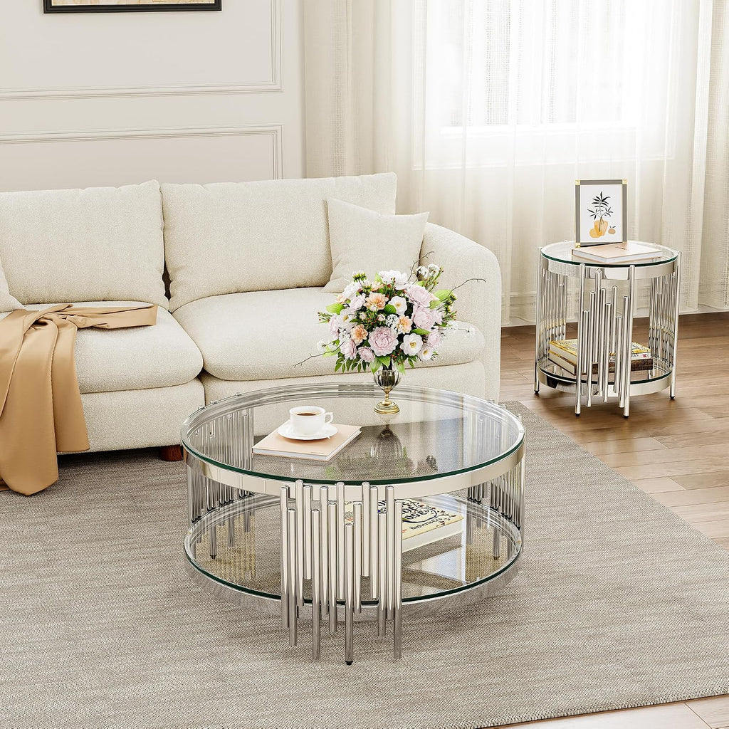 Round Glass Coffee Table Set of 2, 2-Tier Modern Living Room Table and End Table, Clear Tempered Glass Tabletop with Silver Mirrored Stainless Steel Table Base, for Living Room, Office, Bedroom