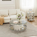 Round Glass Coffee Table Set of 2, 2-Tier Modern Living Room Table and End Table, Clear Tempered Glass Tabletop with Silver Mirrored Stainless Steel Table Base, for Living Room, Office, Bedroom