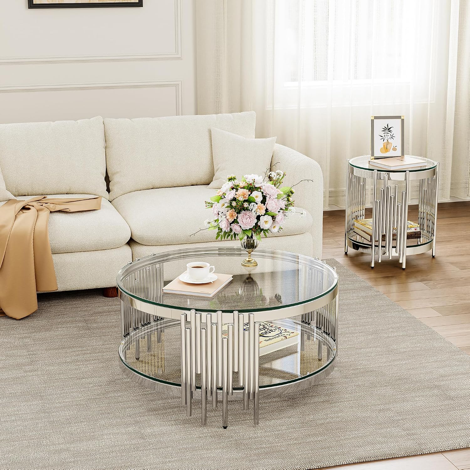 Round Glass Coffee Table Set of 2, 2-Tier Modern Living Room Table and End Table, Clear Tempered Glass Tabletop with Silver Mirrored Stainless Steel Table Base, for Living Room, Office, Bedroom