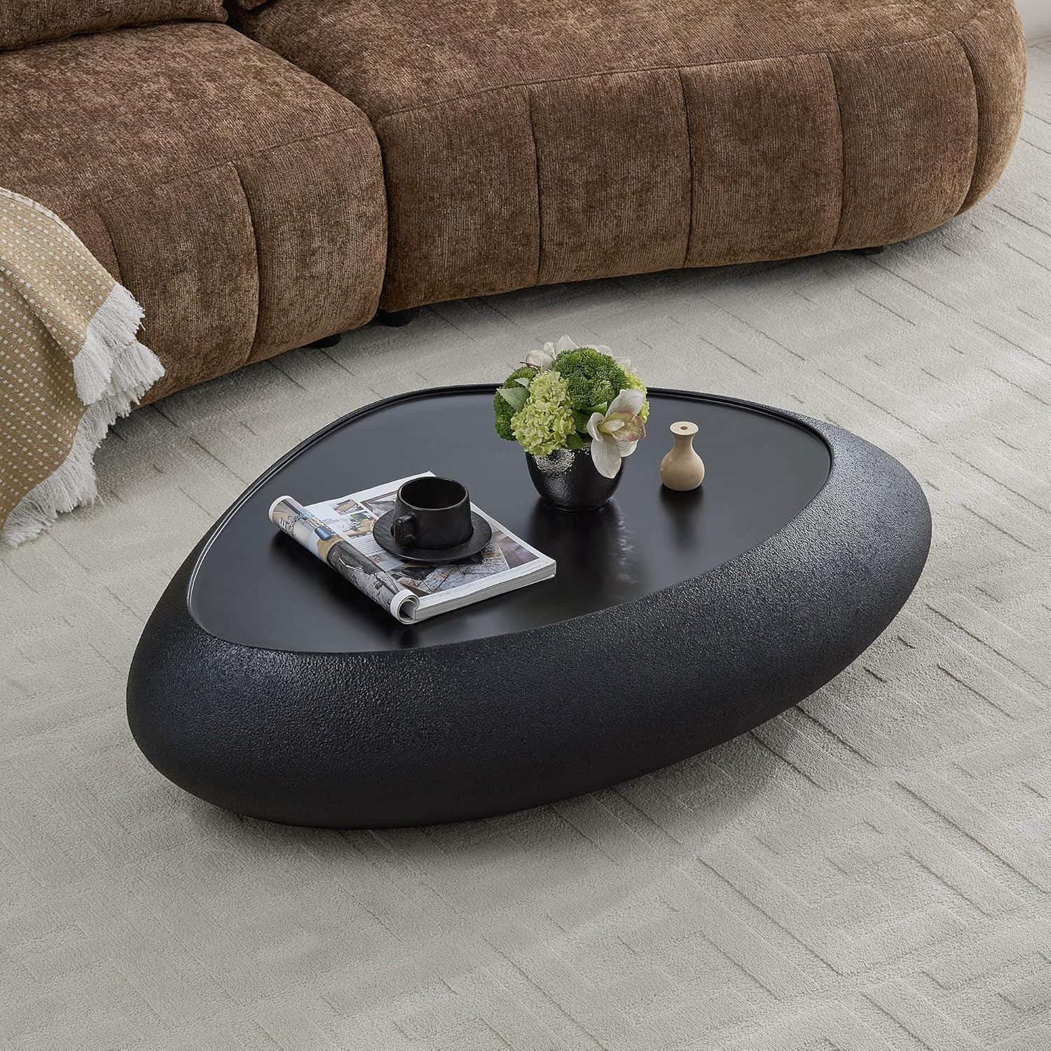 Faux Rock Coffee Table with Lightly Rought Rock Design,Irregular Drum Coffee Table Fiberglass Accent Stone-Like Central Table for Living Room,No Assembly