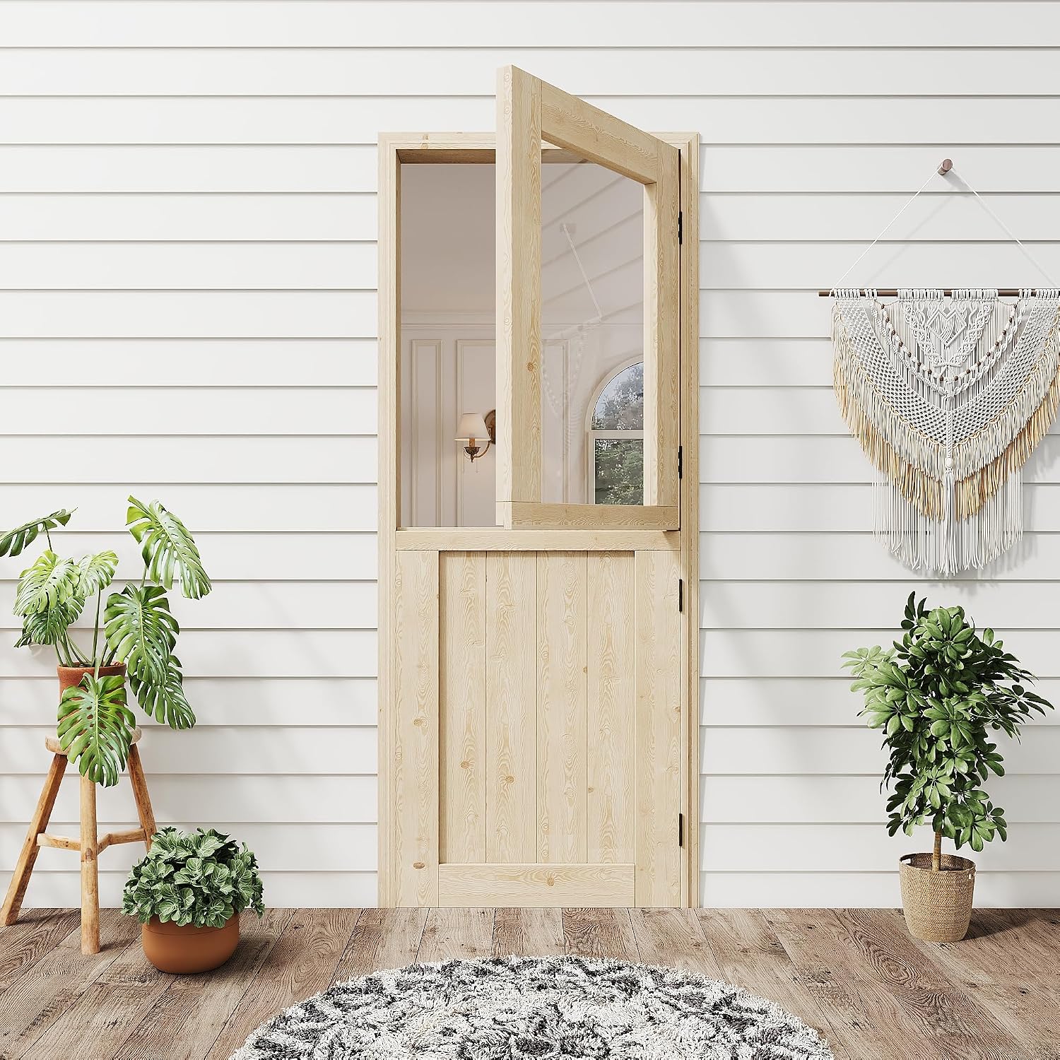 30' x 80' Dutch Door with Threshold, 1.75' Pine with 1-Lite Glass Split Half Door for Exterior Front Entry, Patio Doorway & Interior Pantry/Back w/1 Door Slab+1 Sill+4 Hinges+1 Latch