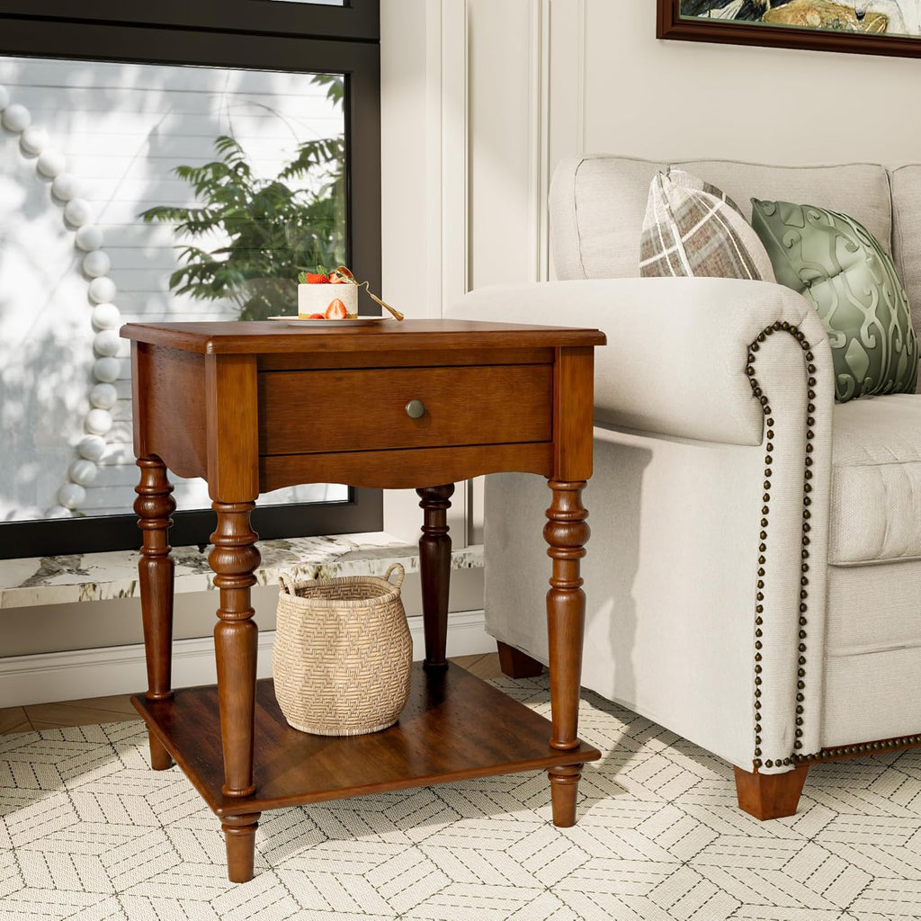 End Table with Drawer and Storage Shelf, Solid Wood Sofa Side Table, Square Beside Table, Telephone Table for Living Room,18.9'L x 18.9'W x 24'H, No-Tools Assembly, Caramel Brown BZ-C008-DR