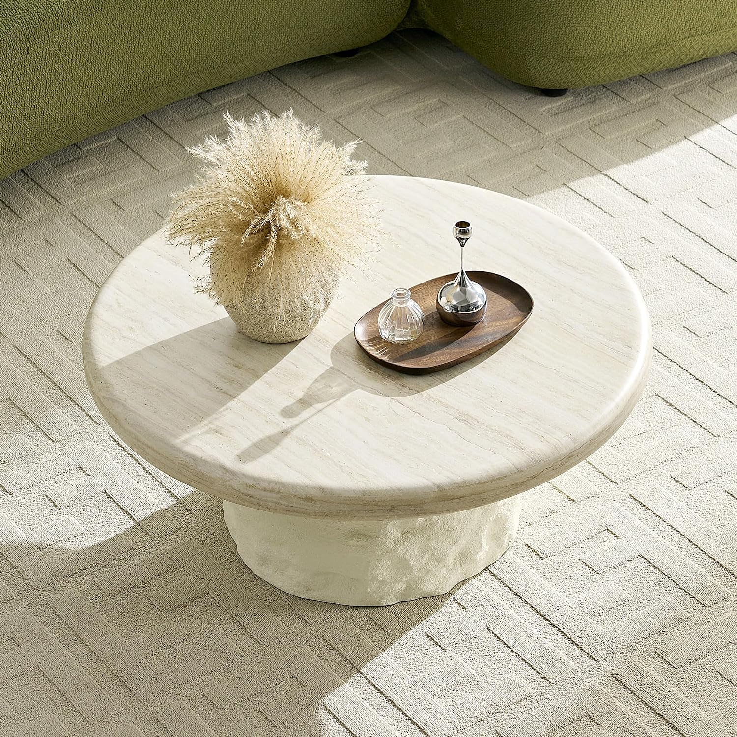 Set of 2 Round Coffee Tables for Living Room, 35.04' W x 14.96' H Faux Mars Circle Drum Pattern Modern Minimalist 15.75' W x17.72 Side Tables Accent End Table for Apartment, Office, Beige
