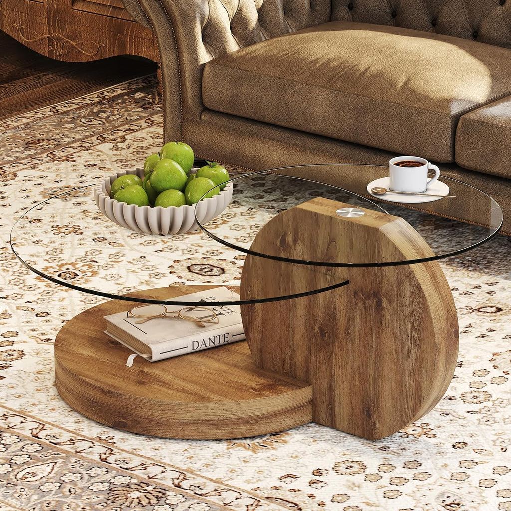 Modern Glass Coffee Table,Small Round Coffee Tables, 42' 3-Tier Circle Wood Coffee Table for Living Room Rustic Circle Center Cocktail Table with Tempered Glass, Unique Accent Table for Small Spaces