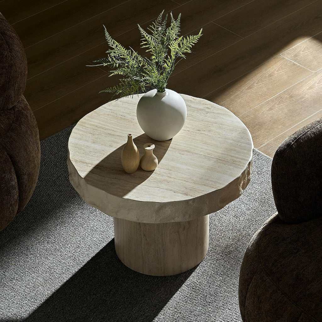 Modern End Table, 23.82'' Round Side Table, Faux Mars Top Small Drink Side Tables Accent Nightstand Living Room, Bedroom, Corners, Small Space, Full Assembly Beige