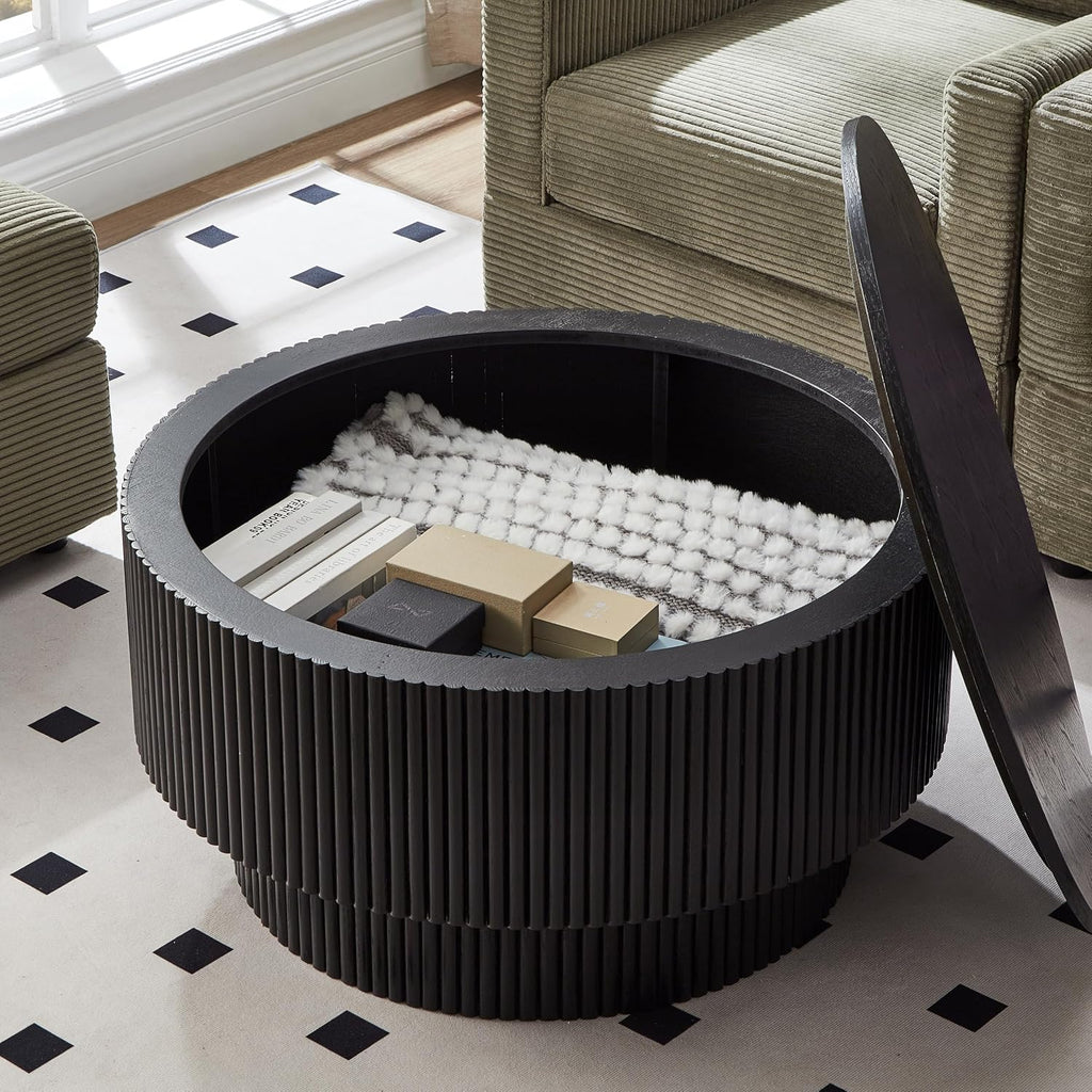 31.49' Wood Round Coffee Table for Living Room, Fluted Circle Coffee Table with Storage, Modern Handcraft Coffee Table for Apartment, Easy Assembly(Black, 31.49'x31.49'x15.74')