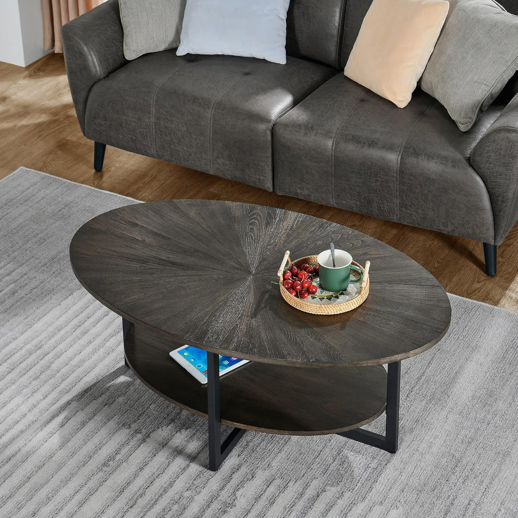 Solid Wood Oval Coffee Table with Cross Metal Legs, 43.3in Modern Industrail Center Table with Open Shelf Cocktail Tea Table for Living Room Bedroom, Black Brown 1811BK
