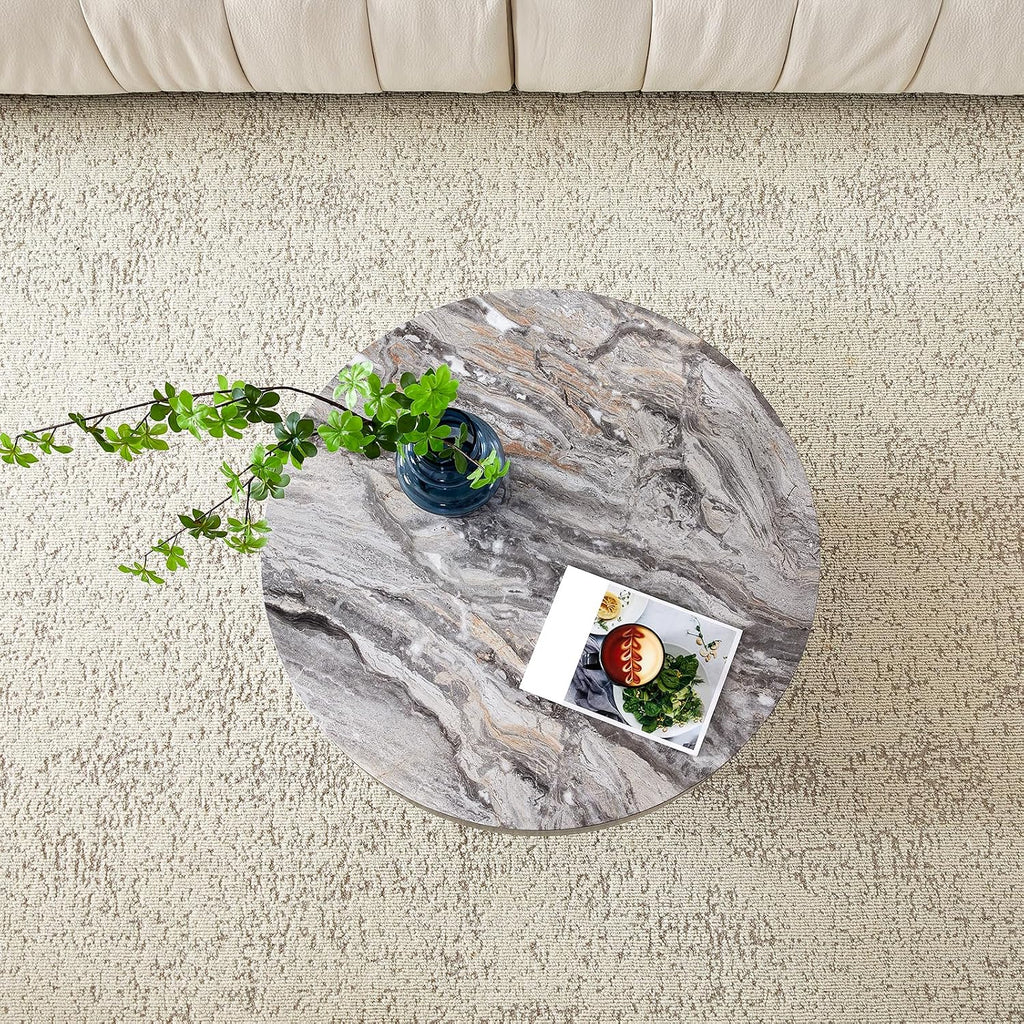 31.5' Modern Round Coffee Table,Small Coffee Tables Center Table with Metal Legs Marble-Patterned Tabletop for Living Room Office Apartment,Easy to Assemble, Grey Marble
