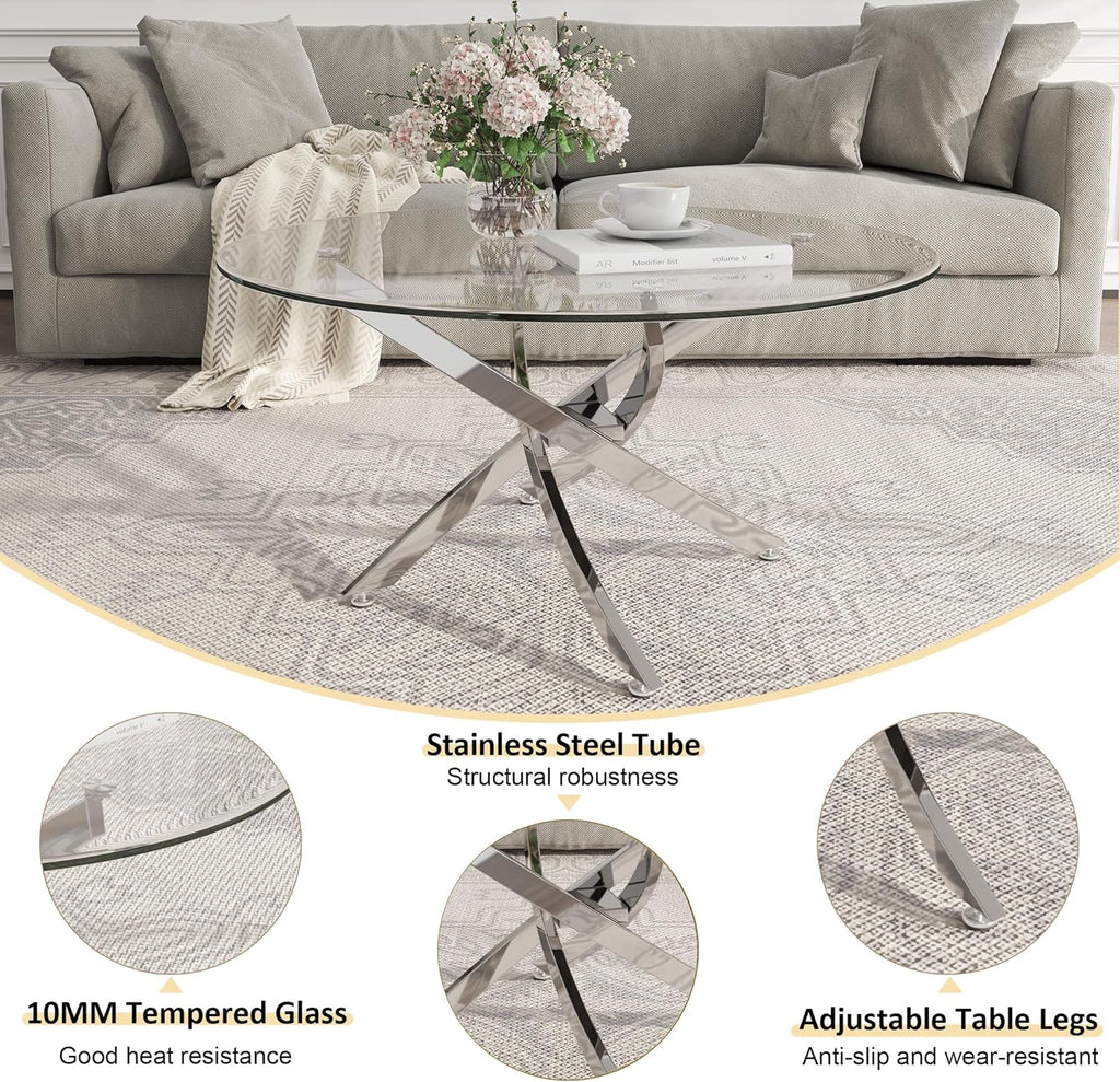 Round Glass Coffee Table Set of 3 Modern Living Room Table Set 1 Coffee & 2 End Table Set with Stainless Steel Legs, Clear Center Cocktail Tables (Silver, Set of 3 Round)