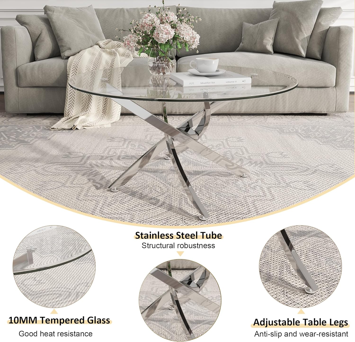 Round Glass Coffee Table Set of 3 Modern Living Room Table Set 1 Coffee & 2 End Table Set with Stainless Steel Legs, Clear Center Cocktail Tables (Silver, Set of 3 Round)