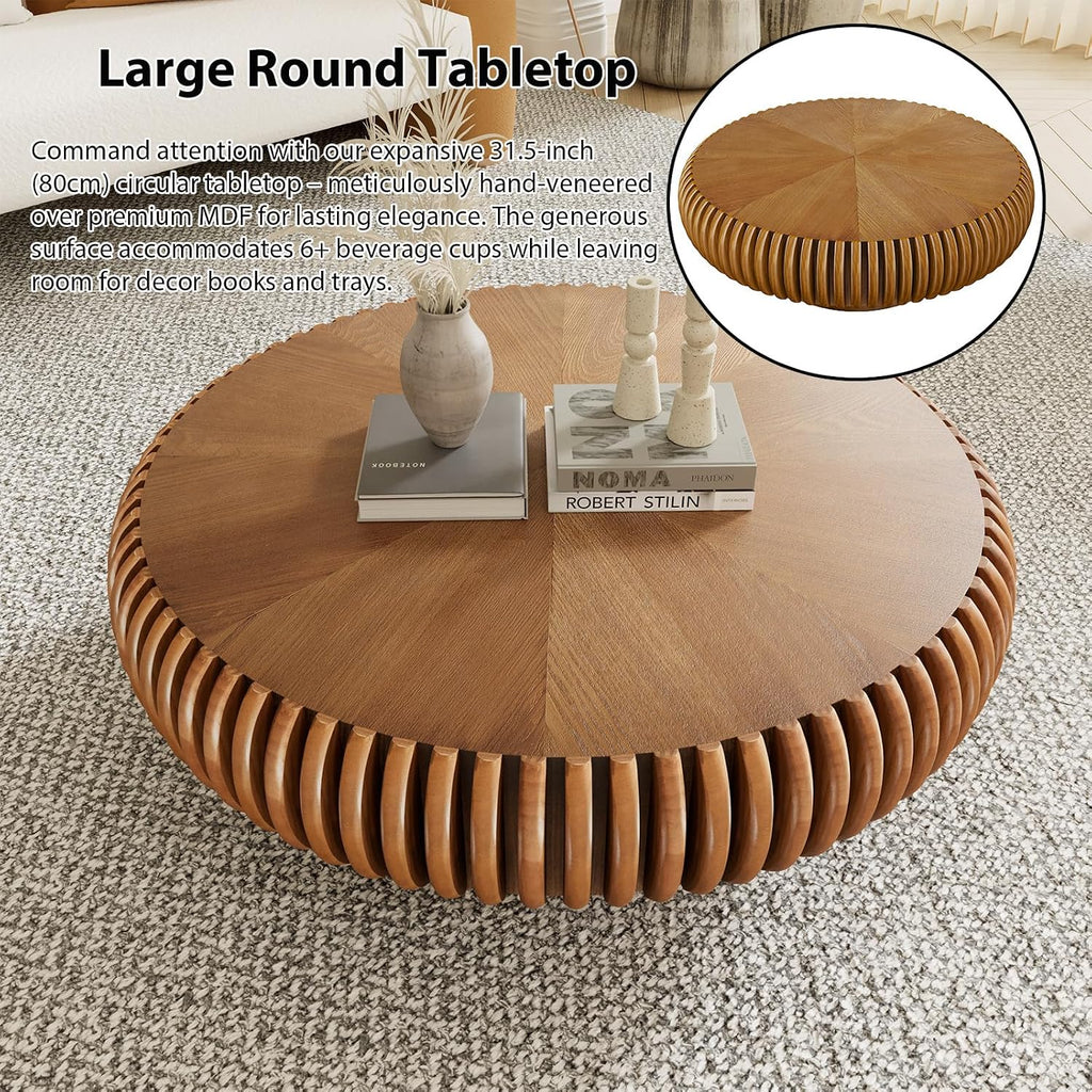 Modern Wood Round Fluted Coffee Table, Unique Brown Circular Drum Coffee Tables Mid Century Modern Handcrafted Circle Fluted Center Table for Small Space Living Room Reception Room, Apartment