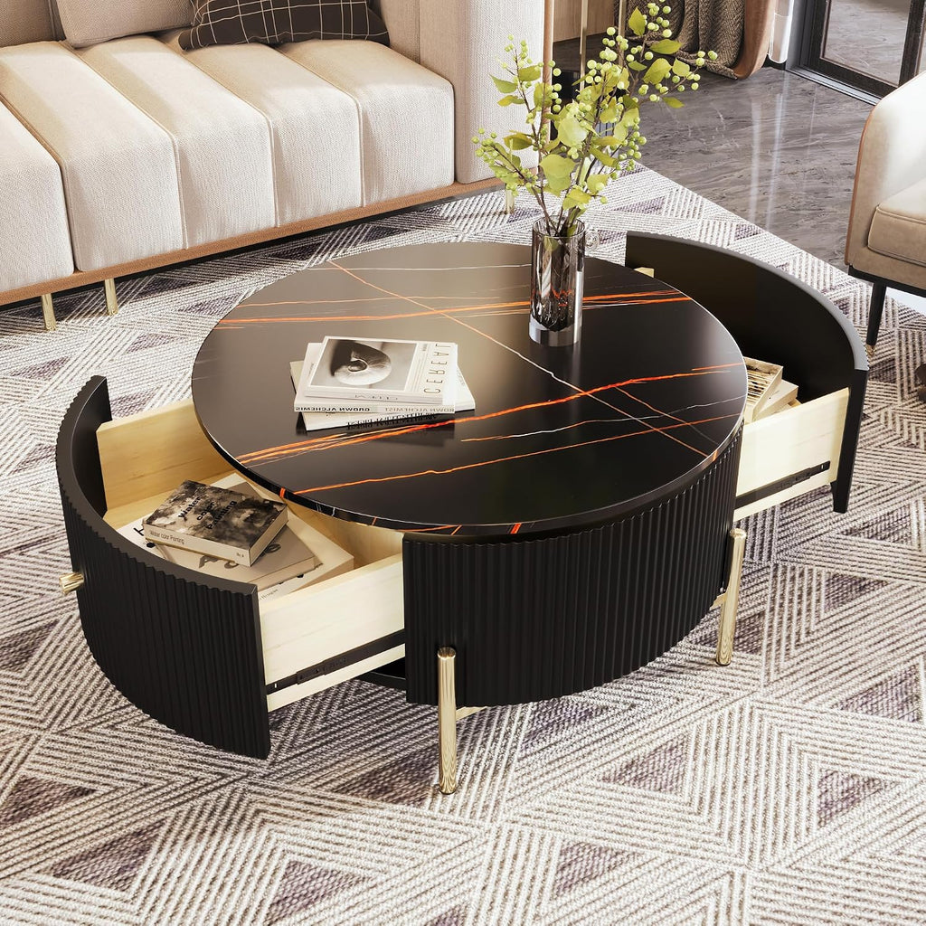 Modern Round Coffee Table with 2 Large Drawers Storage Accent Table for Living Room, Black(31.5'')